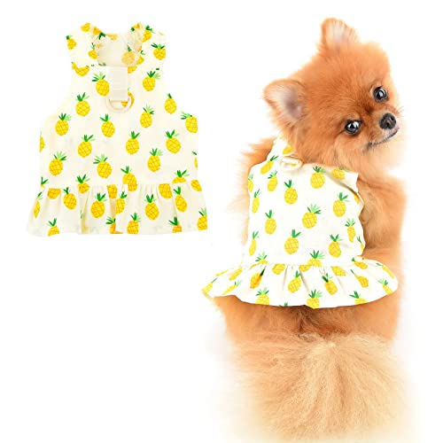 PAIDEFUL Kleine Mädchen Hundegeschirr Kleid Floral Ananas Sommerkleid Weiche Bequeme Hundekleidung Ärmelloser Prinzessin Katzen Kostüm D-Ring, Gelb, S von PAIDEFUL