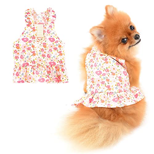 PAIDEFUL Kleine Mädchen Hundegeschirr Kleid Floral Ananas Sommerkleid Weiche Bequeme Hundekleidung Ärmelloser Prinzessin Katzen Kostüm D-Ring, Rosa, XL von PAIDEFUL