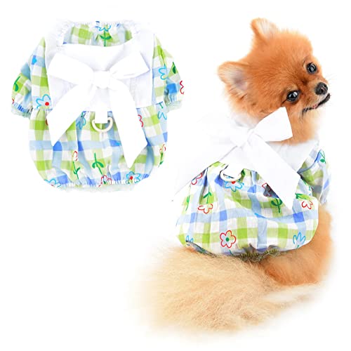 PAIDEFUL Kleine Mädchen Hund Kleider Plaid Schleife Sommerkleid Weiche Bequeme Hundekleidung Pullover Baumwolle Katzen Kostüm D-Ring Geburtstagsfeier, Blau, M von PAIDEFUL