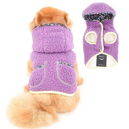 PAIDEFUL Kleiner Hundemantel für den Winter, Polarfleece, gefüttert, Kapuzenjacke, warm, winddicht, Welpenkleidung, weich, bequem, Katzenkostüm, für drinnen und draußen, Lila, L von PAIDEFUL