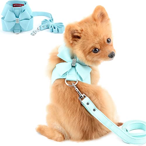 PAIDEFUL Kleines Haustier Hund Bling Strass Geschirr und Leine Set Schleife Mädchen Weiches Ultra Wildleder Einstellbar/Kein Ziehen Fluchtsicher Katzenweste Geschirr Haustier Welpen Brustgeschirr von PAIDEFUL