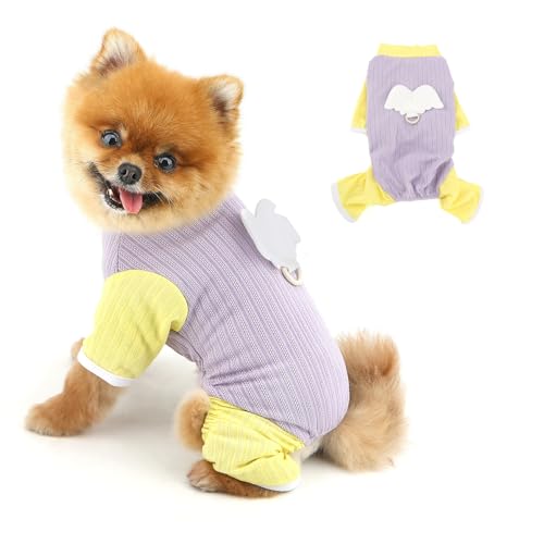 PAIDEFUL Niedlicher Hunde-Pyjama mit Engelsflügeln, weich, dehnbar, atmungsaktiv, für den Sommer, Haustier-Pyjama, 4-beinig, leicht, für Katzen, Chihuahua, D-Ring, Lila, Größe L von PAIDEFUL