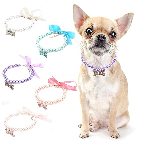 PAIDEFUL Perlenkette für kleine Mädchen und Hunde mit großem Knochen-Charm, Seidenband, Schleife, Bling, Schmuck, verstellbar, leicht, niedlich, modisch, Katzenhalsband, Geburtstagsparty, Lila, Größe von PAIDEFUL