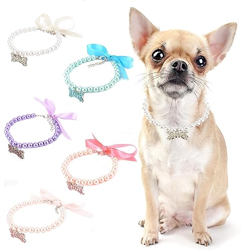 PAIDEFUL Perlenkette für kleine Mädchen und Hunde mit großem Knochenanhänger, Seidenband, Schleife, Bling, Schmuck, verstellbar, leicht, niedlich, modisch, Katzenhalsband, Geburtstagsparty, Weiß, von PAIDEFUL