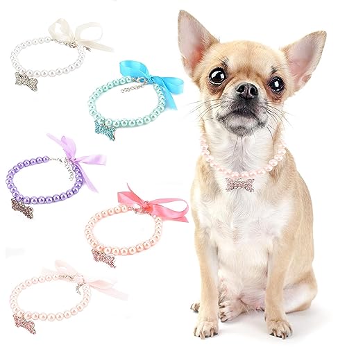 PAIDEFUL Perlenkette für kleine Mädchen und Hunde mit großem Knochenanhänger, Seidenband, Schleife, Bling, Schmuck, verstellbar, leicht, niedlich, modisch, Katzenhalsband, Geburtstagsparty, Hellrosa, von PAIDEFUL