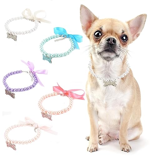 PAIDEFUL Perlenkette für kleine Mädchen und Hunde mit großem Knochenanhänger, Seidenband, Schleife, Bling, Schmuck, verstellbar, leicht, niedlich, modisch, Katzenhalsband, Geburtstagsparty, weiß, von PAIDEFUL