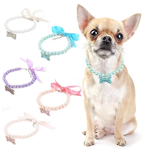 PAIDEFUL Perlenkette für kleine Mädchen und Hunde mit großem Knochenanhänger, Seidenband, Schleife, Bling, Schmuck, verstellbar, leicht, niedlich, modisch, Katzenhalsband, Geburtstagsparty, blau, von PAIDEFUL