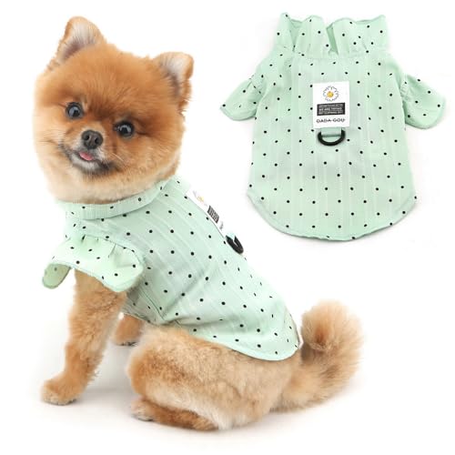 PAIDEFUL Rüschenhemden für kleine Hunde, gepunktet, leicht, atmungsaktiv, für Frühling, Sommer, Strand, Meer, Hunde-T-Shirt mit Knopfleiste, Haustier, Chihuahua, Katzen, D-Ring, Grün, Größe M von PAIDEFUL