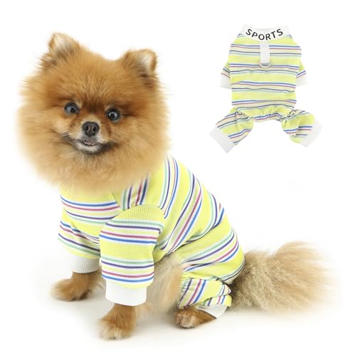PAIDEFUL Schlafanzug für kleine Hunde, bunt gestreift, weich, dehnbar, 4-beinig, Welpen, Jumpsuit, leicht, atmungsaktiv, Sportbekleidung, Katzenkleidung mit Sportdruck, D-Ring, Gelb, Größe XL von PAIDEFUL