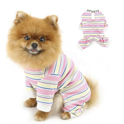 PAIDEFUL Schlafanzug für kleine Hunde, bunt gestreift, weich, dehnbar, 4-beinig, Welpen, Jumpsuit, leicht, atmungsaktiv, Sportbekleidung, Katzenkleidung mit Sportdruck, D-Ring, Rosa, Größe S von PAIDEFUL