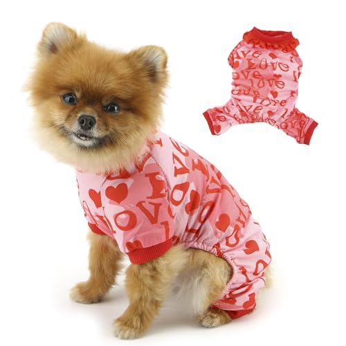 PAIDEFUL Valentinstagskleidung für kleine Hunde, Urlaubskostüm mit Spitzenkragen, 4-beiniger Welpen-Jumpsuit, weich, dehnbar, Hunde-Pyjama, bezaubernder bedruckter Haustier-Pyjama, Jammies, von PAIDEFUL