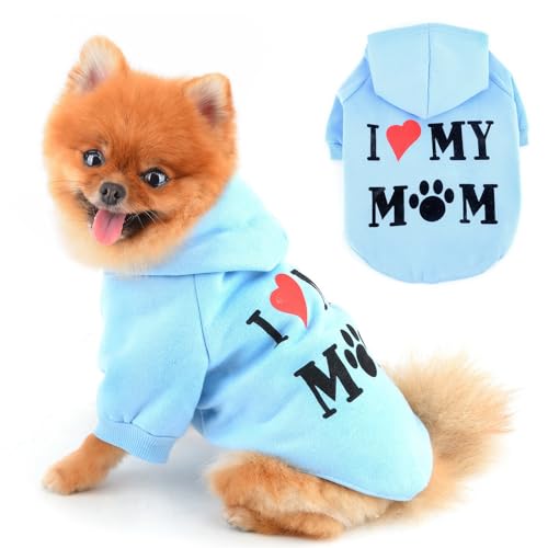 PAIDEFUL Warmer Fleece-Hundemantel für kleine Hunde, weich, winddicht, mit Kapuze, modische Welpen-Sweatshirts mit Aufdruck "I Love My Mom", kurzärmelig, mit Loch für die Leine, Blau, Größe L von PAIDEFUL
