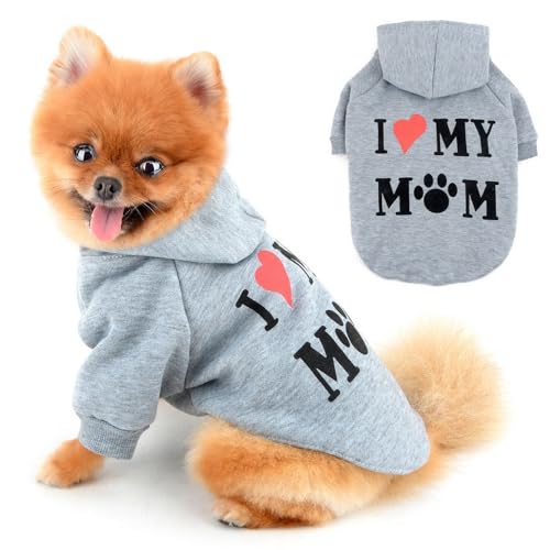 PAIDEFUL Warmer Fleece-Hundemantel für kleine Hunde, weich, winddicht, mit Kapuze, modische Welpen-Sweatshirts mit Aufdruck "I Love My Mom", kurzärmelig, mit Loch für die Leine, Grau, Größe M PAIDEFUL Warmer Fleece-Hundemantel für kleine Hunde, weich, winddicht, mit Kapuze, modische Welpen-Sweatshirts mit Aufdruck "I Love My Mom", kurzärmelig, mit Loch für die Leine, Grau, Größe M von PAIDEFUL