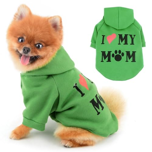 PAIDEFUL Warmer Fleece-Hundemantel für kleine Hunde, weich, winddicht, mit Kapuze, modische Welpen-Sweatshirts mit Aufdruck "I Love My Mom", kurzärmelig, mit Loch für die Leine, Grün, Größe L von PAIDEFUL