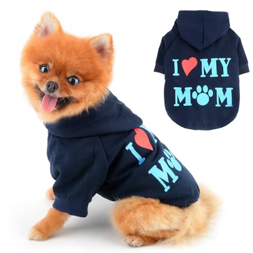 PAIDEFUL Warmer Fleece-Hundemantel für kleine Hunde, weich, winddicht, mit Kapuze, modische Welpen-Sweatshirts mit Aufdruck "I Love My Mom", kurzärmelig, mit Loch für die Leine, Marineblau, Größe XL von PAIDEFUL