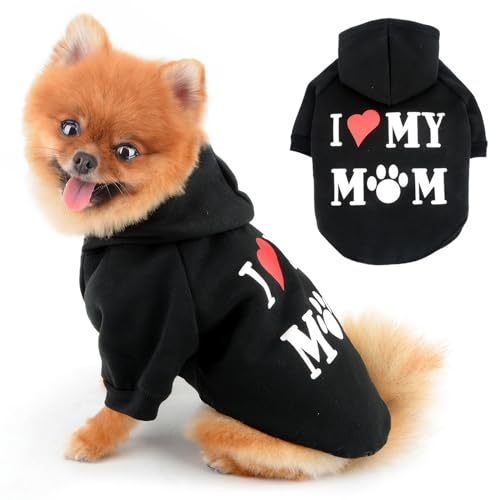 PAIDEFUL Warmer Fleece-Hundemantel für kleine Hunde, weich, winddicht, mit Kapuze, modische Welpen-Sweatshirts mit Aufdruck "I Love My Mom", kurzärmelig, mit Loch für die Leine, Schwarz, Größe XS PAIDEFUL Warmer Fleece-Hundemantel für kleine Hunde, weich, winddicht, mit Kapuze, modische Welpen-Sweatshirts mit Aufdruck "I Love My Mom", kurzärmelig, mit Loch für die Leine, Schwarz, Größe XS von PAIDEFUL