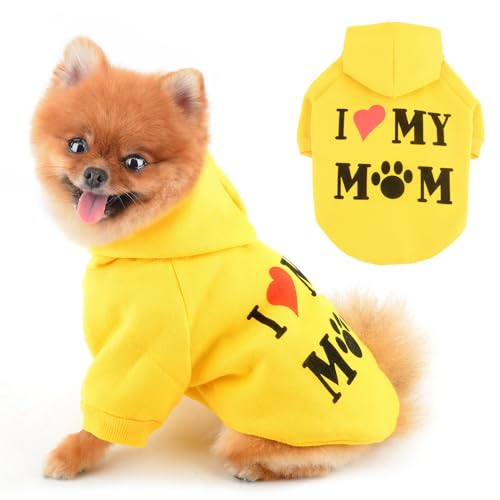 PAIDEFUL Warmer Fleece-Hundemantel für kleine Hunde, weich, winddicht, mit Kapuze, modische Welpen-Sweatshirts mit Aufdruck "I Love My Mom", kurzärmelig, mit Loch für die Leine, Yedllow, Größe L von PAIDEFUL