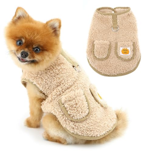 PAIDEFUL Warmer Fleecepullover für kleine Hunde, weich, winddicht, flauschige Hundekleidung mit Taschenknopf, für kaltes Wetter, modisch, einfarbig, Katze, Chihuahua, ärmellos, D-Ring, Braun, Größe XS von PAIDEFUL
