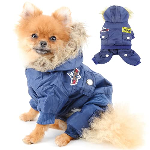 PAIDEFUL Wasserdichter Fleece Gefütterter Hundewintermantel Warmer Schneeanzug Flieger Kapuzen Overall Schneeanzüge für Kleine Hundewelpen Chihuahua Wandern bei Kaltem Wetter Blau XS von PAIDEFUL