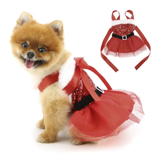 PAIDEFUL Weihnachts-Hundekleid für kleine Hunde, Tüllrock mit Pailletten, Gürtel, Schleife, Luxus, Weihnachtsmann, Haustier, Prinzessinnenkleid, modisch, für Urlaub, Cosplay, Outfits, Katzenkostüm, von PAIDEFUL
