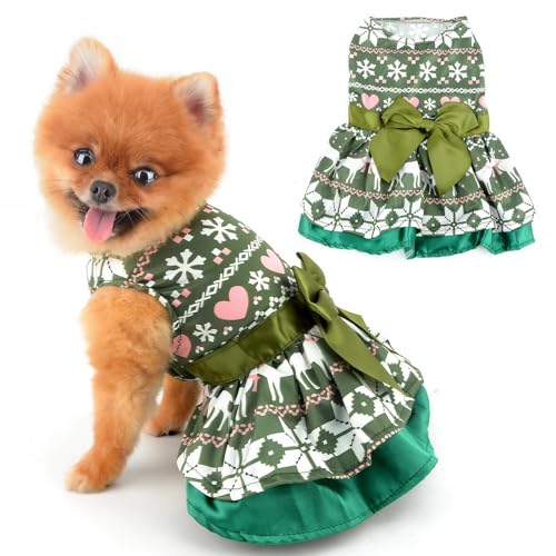 PAIDEFUL Weihnachtskleid für kleine Hunde mit Rentierdruck, Weihnachtswelpe, gestufter Rock, Schleife, Haustierprinzessin, Outfit, Hund, Urlaub, Cosplay, Kostüm, Katzenbekleidung, Grün, Größe S von PAIDEFUL