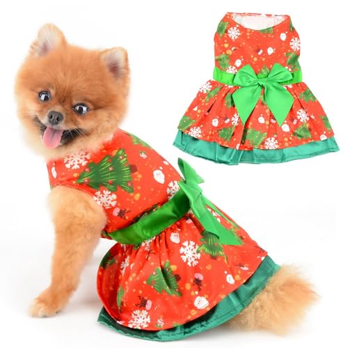 PAIDEFUL Weihnachtskleid für kleine Hunde mit Schneeflocken-Aufdruck, Weihnachten, Welpe, gestufter Rock, Schleife, Haustierprinzessin, Outfit, Hund, Urlaub, Cosplay-Kostüm, Katzenbekleidung, Rot, von PAIDEFUL