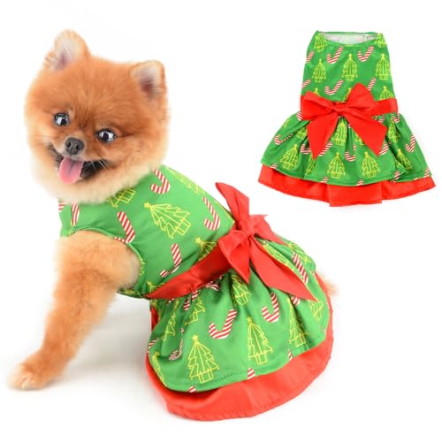 PAIDEFUL Weihnachtskleid für kleine Hunde mit Weihnachtsbaum-Druck, Welpenrock, Schleife, Haustierprinzessin, Outfit, Hund, Urlaub, Cosplay, Kostüm, Katzenbekleidung, Grün, Größe M von PAIDEFUL