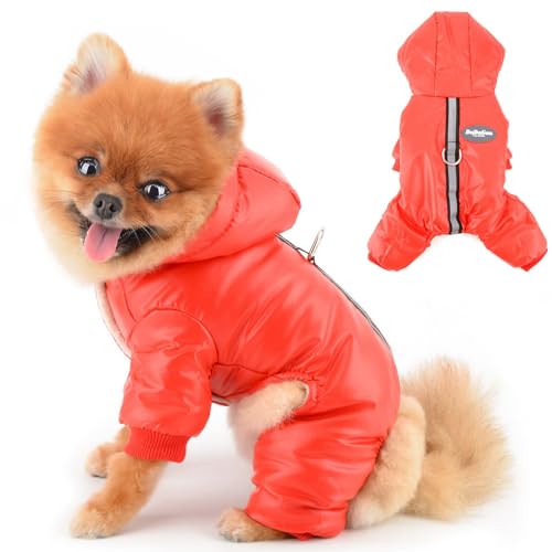 PAIDEFUL Wintermantel mit Kapuze, für kleine Hunde, mit Fleece gefüttert, 4-beiniger Overall mit reflektierenden Streifen, Welpen, Schneeanzug, Outfits, winddicht, wasserdicht, weich, warm, von PAIDEFUL