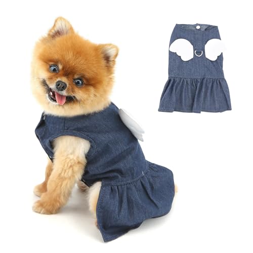 PAIDEUL Denim-Hundekleid für kleine Hunde, niedliches Haustier-Prinzessinnenkleid mit Engelsflügeln, Knopf, Welpenrock, Sommerkleid, weich, leicht, Chihuahua-Outfits, Katzenkleidung, D-Ring von PAIDEFUL