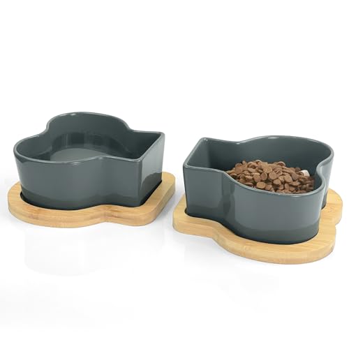 PAILUOMU Set mit 2 Keramik-Hundenäpfen, kein Verschütten, Futter- und Wassernapf, Set mit rutschfestem Holzboden, beschwerter Welpen-Futternapf, geeignet für kleine, mittelgroße und große Katzen, von PAILUOMU