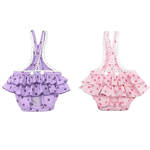 Pet Pants, Adjustable Strap Tightening Physiological Sanitary Breathable Cotton Suspender Short Pants with Round Dots Pattern Reusable Washable Hygienic for Female Animal Dog Puppy 2pcs (Pink+Violet, von PAKEY