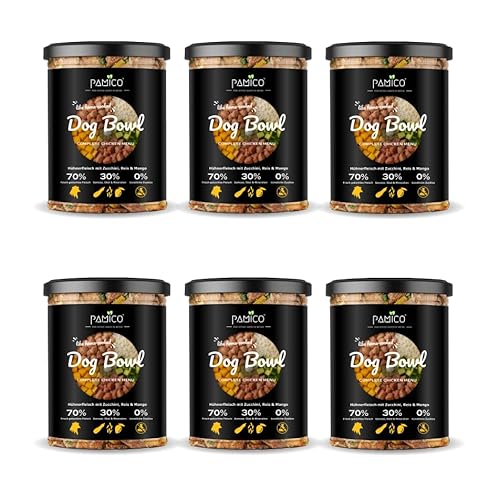 Dog Bowl dampfgegartes Fleisch mit Gemüse, Obst & Öl | Hundenahrung im Glas | Nassfutter ohne Zusatzstoffe mit hochwertigen frischen Zutaten (800g (6er Pack), Huhn mit Zucchini, Reis & Mango) von PAMICO