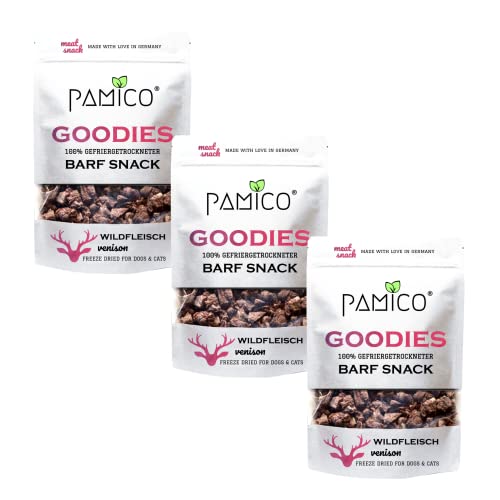 Goodies Wildfleisch 3 x 50 g - 100% Gefriergetrockneter Monoprotein Meat Barf Snack für Katzen und Hunde - Made in Germany von PAMICO