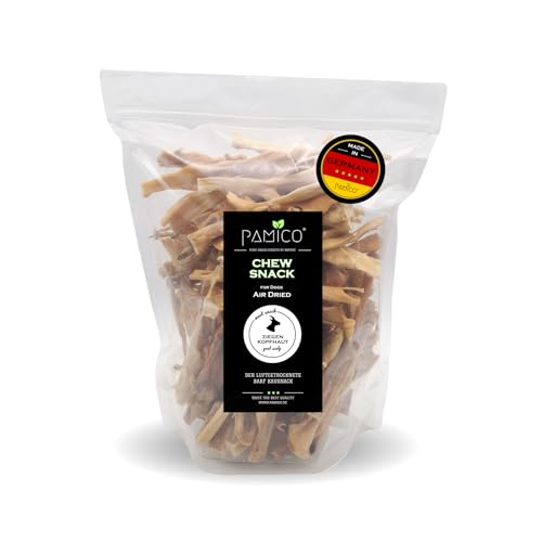 Luftgetrocknete Kausnacks für Hunde, 1 kg Belohnungs-Snack getreidefrei, Vorteilspack Deutsche Herstellung, Leckerli Hundekauartikel ohne Chemie, Qualität Kauartikel (800g, Ziegenkopfhaut) von PAMICO