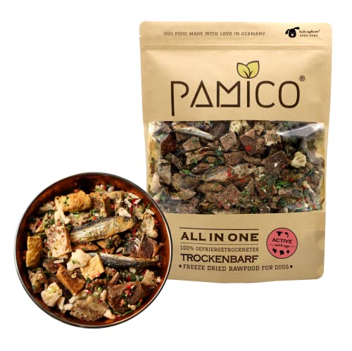 PAMICO Trockenbarf All in One Active mit Rind, Fisch, Spinat, Blumenkohl und Erdbeere 500g - 100% gefriergetrocknet, Barf Hundefutter ohne Zusätze getreidefrei von PAMICO