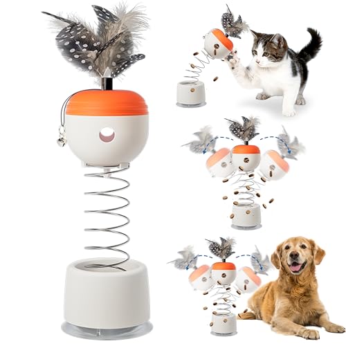 PANTIDE Leckendes Spielzeug für Haustierfutter – Interaktives Katzenspielzeug für Innenkatzen, kleine Hunde, Leckerli-Training, Federspender mit Glockenfeder, Plüsch, schwingend, langsamer von PANTIDE