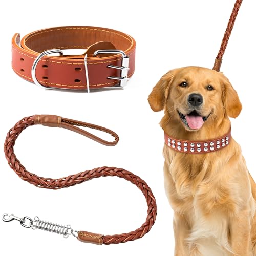 PANTIDE Leder-Hundeleine und Halsband, verstellbar, gepolstert, mit Metallschnalle, Niete für große Haustiere, langlebig, weich, passende Hundeleine mit Federkissen für Training, Spielen, Gehen (Braun von PANTIDE