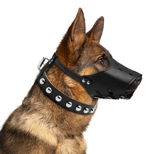 PANTIDE Maulkorb-Set für Hunde, strapazierfähige Leder-Mundabdeckung und verstellbares, passendes Halsband für große Hunde, ermöglicht Hecheln, Trinken, atmungsaktiver Maulkorb mit von PANTIDE