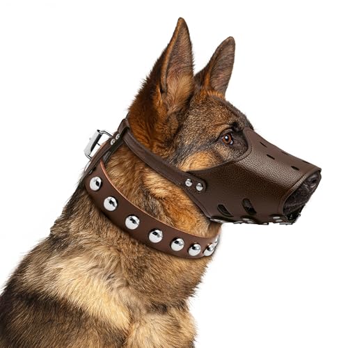 PANTIDE Maulkorb-Set für Hunde, strapazierfähige Leder-Mundabdeckung und verstellbares, passendes Halsband für große Hunde, ermöglicht Hecheln, Trinken, atmungsaktiver Maulkorb mit von PANTIDE