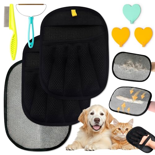 PANTIDE Tierhaarentferner Handschuh Set – 8 Stück Atmungsaktiv Fusselhandschuh für Katze Hund mit Elektrostatischen Handschuhen Haken Tierhaare Pflegebürste für Teppich Sofa Möbel Autositz Kleidung von PANTIDE