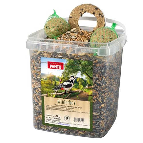 PANTO Wildvogelfutter Winterbox – Vogelfutter für Futterhäuschen, Streufutter für Vögel mit Sonnenblumenkernen, Streufutter, Meisenknödel und Meisenring von PANTO