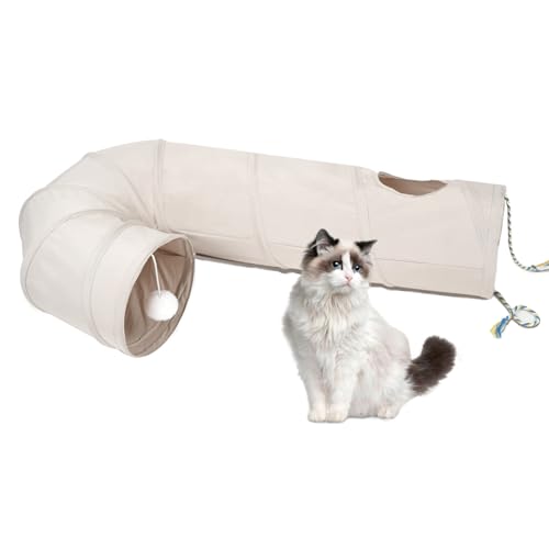 Katzentunnel, 2-Wege-Katzenrohr mit interaktivem Peek-A-Boo Loch, Spielzeugball und Seil, ideal für Indoor-Katzen, Kätzchen und Kaninchen, Beige von PAOPO