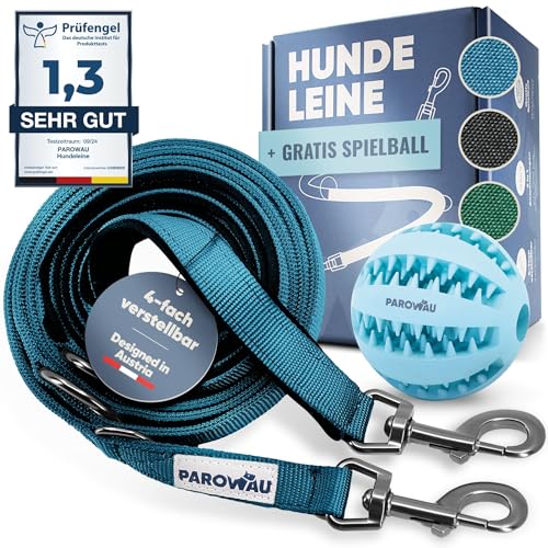 PAROWAU Hundeleine 3m [4-Fach verstellbar] + Hundespielzeug Ball [Zahnpflege Hund] Leine Hund Hundezubehör Hundeleine für große Hunde Hundespielzeug Intelligenz Hundespielzeug unzerstörbar (blau) von PAROWAU