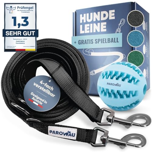 PAROWAU Hundeleine 3m [4-Fach verstellbar] + Hundespielzeug Ball [Zahnpflege Hund] Leine Hund Hundezubehör Hundeleine für große Hunde Hundespielzeug Intelligenz Hundespielzeug unzerstörbar (schwarz) von PAROWAU