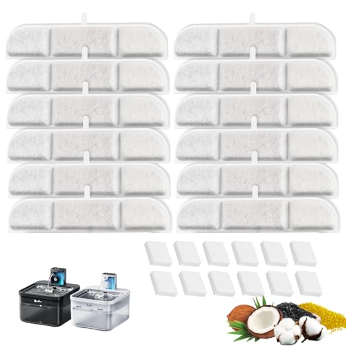 12 Set Katzenbrunnen Filter für DownyPaws Trinkbrunnen DPWFP6 DPWFP6SS, Ersatzfilter Aktivkohle Medizinalstein lonenaustauschharz für 2.5L DownyPaws Katzenbrunnen (12 Filter+12 Schwamm) von PARTSEE