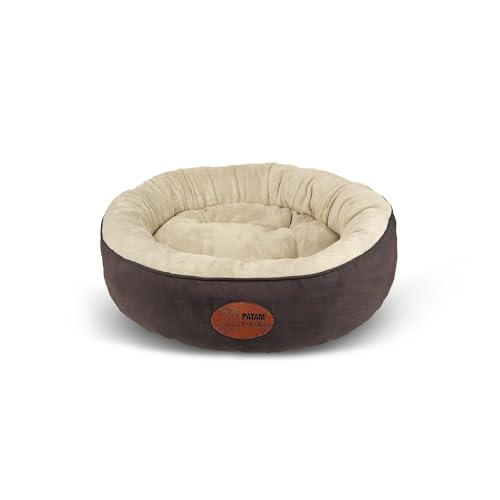 PATAM Hundebett für Hunde und Katzen, rund, mit gepolsterten Kanten, universell für alle Jahreszeiten, rutschfest, abnehmbar, maschinenwaschbar – Fufi Beige, Small 51 cm von PATAM
