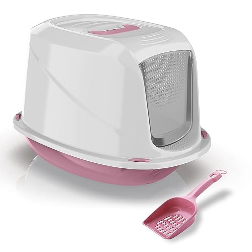 PATAM Katzentoilette mit Griff, Geruchsfilter und Schaufel, 57 cm x 39,5 cm x 38 cm, hergestellt in Italien, Comfort Maxi Rosa von PATAM