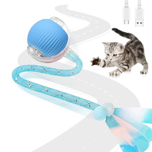 PATEMZON Katzenspielzeug Elektrisch Ball, Interaktive Katzenspielzeuge, 360° Rolling Ball mit 2 Schwanz, 3 Arbeitsmodi Katzenball Interaktiver Spiel, Automatische Spielzeuge für Katzen (Blau) von PATEMZON