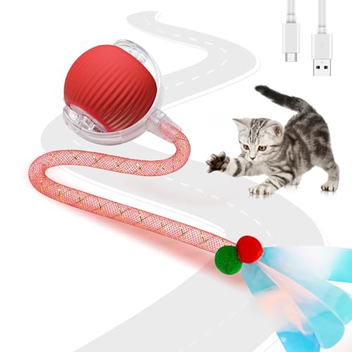 PATEMZON Katzenspielzeug Elektrisch Ball, Interaktive Katzenspielzeuge, 360° Rolling Ball mit 2 Schwanz, 3 Arbeitsmodi Katzenball Interaktiver Spiel, Automatische Spielzeuge für Katzen (Rot) von PATEMZON