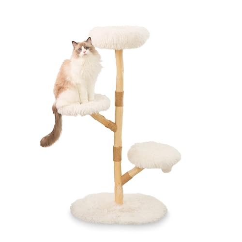 Moderner Kratzbaum Turm - Echtholz Ästhetischer Katzenbaum mit Sisalstämmen und gepolsterten Plattformen - 121,9 cm Boho Holzdesign für den Innenbereich von PATHOSIO PETS